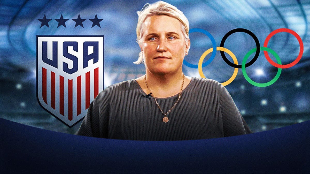 Emma hayes in front of the USWNT and Olympics logos
