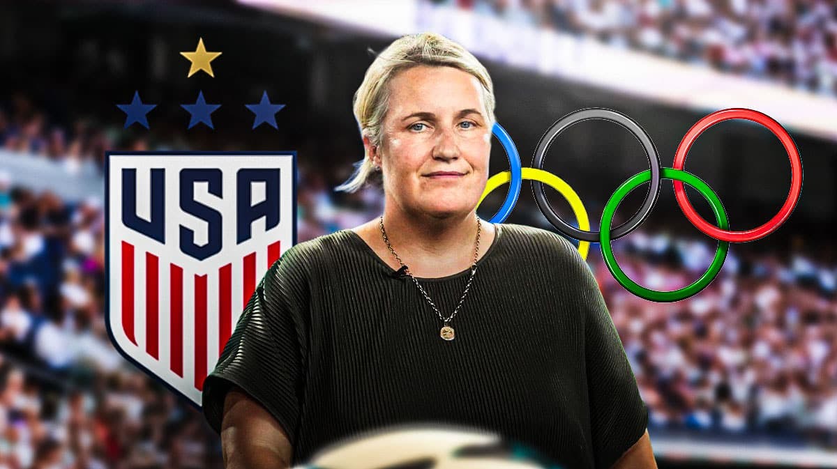 Emma Hayes in front of the USWNT and Olympics logos