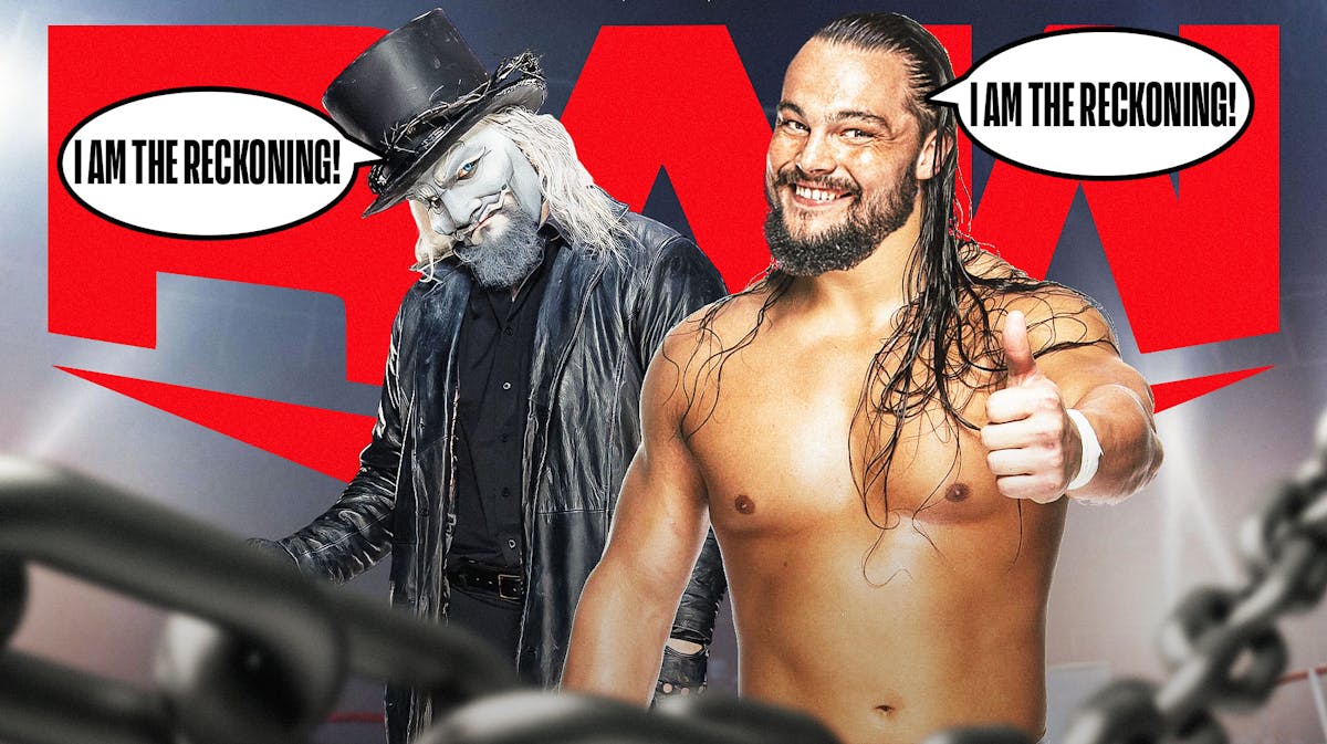 Uncle Howdy with a text bubble reading "I am the reckoning!" next to Bo Dallas with a text bubble reading "I am the reckoning!" with the RAW logo as the background.