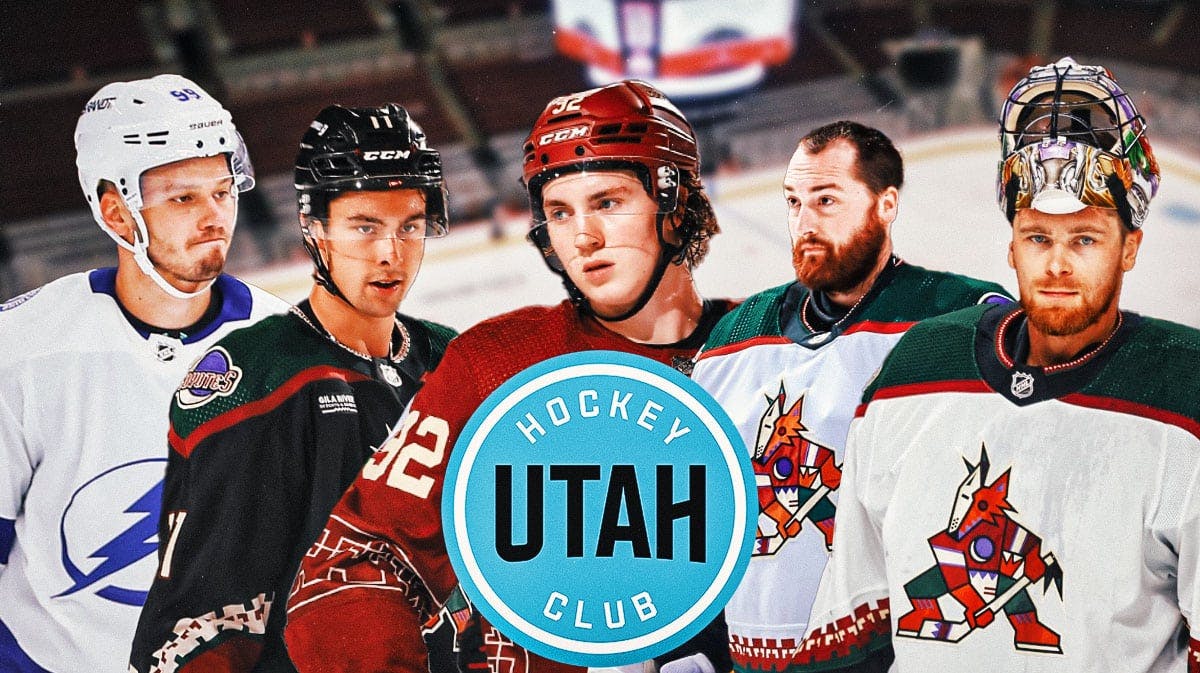Mikhail Sergachev, Logan Cooley, Dylan Guenther, Connor Ingram and Karel Vejmelka all in image, Utah HC logo, hockey rink in background