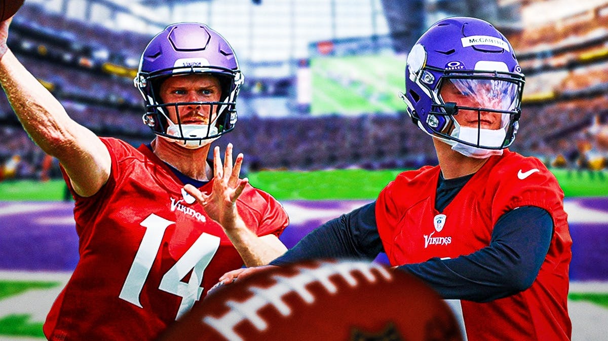 Sam Darnold and J.J. McCarthy (both in Minnesota Vikings uniforms if they aren't already) on fire, a bunch of the big eyes emojis in the background
