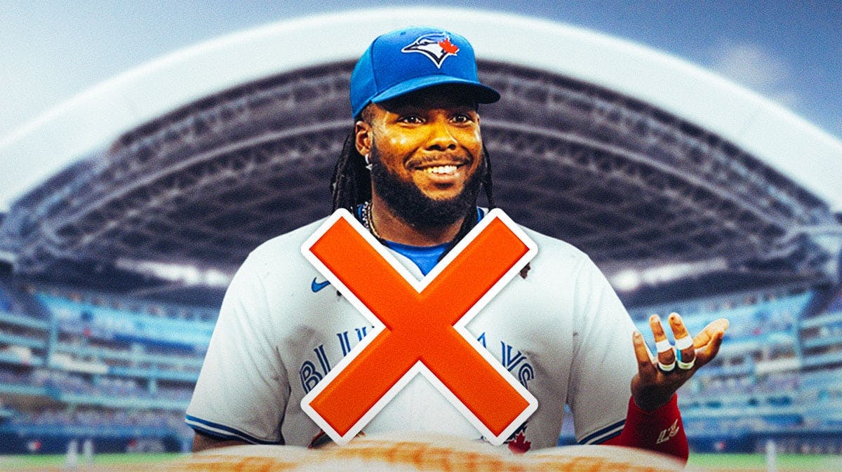 Vladimir Guerrero Jr. in a Toronto Blue Jays uniform with a big red X through him after being hit by a pitch.