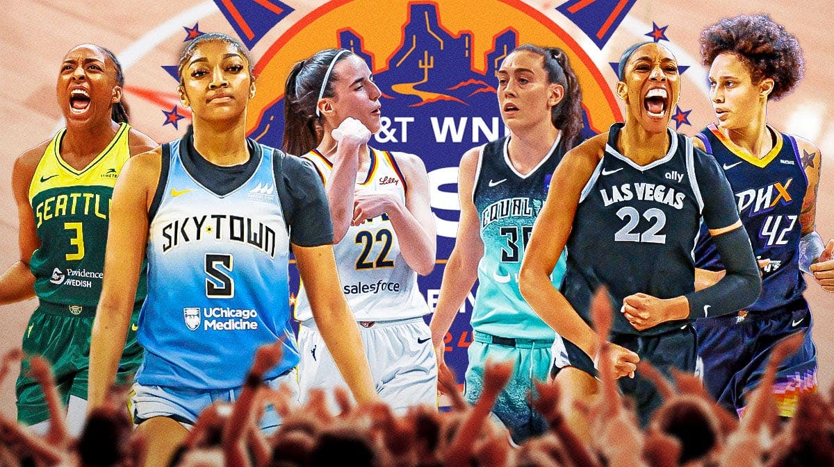 Angel Reese, Caitlin Clark, Nneka Ogwumike on one side. A'ja Wilson, Breanna Stewart, Britney Griner on the other side. 2024 WNBA All-Star logo in front and center.