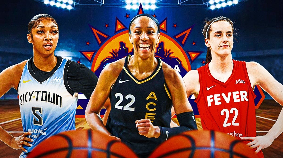 A'ja Wilson in her Aces jersey with Caitlin Clark on one side of her and Angel Reese on the other side. Have the 2024 WNBA All-Star logo in the background