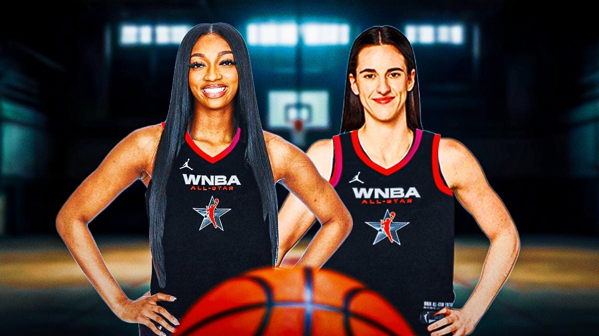 Chicago Sky star Angel Reese and Indiana Faver star Caitlin Clark in Team WNBA jerseys for the All-Star game.
