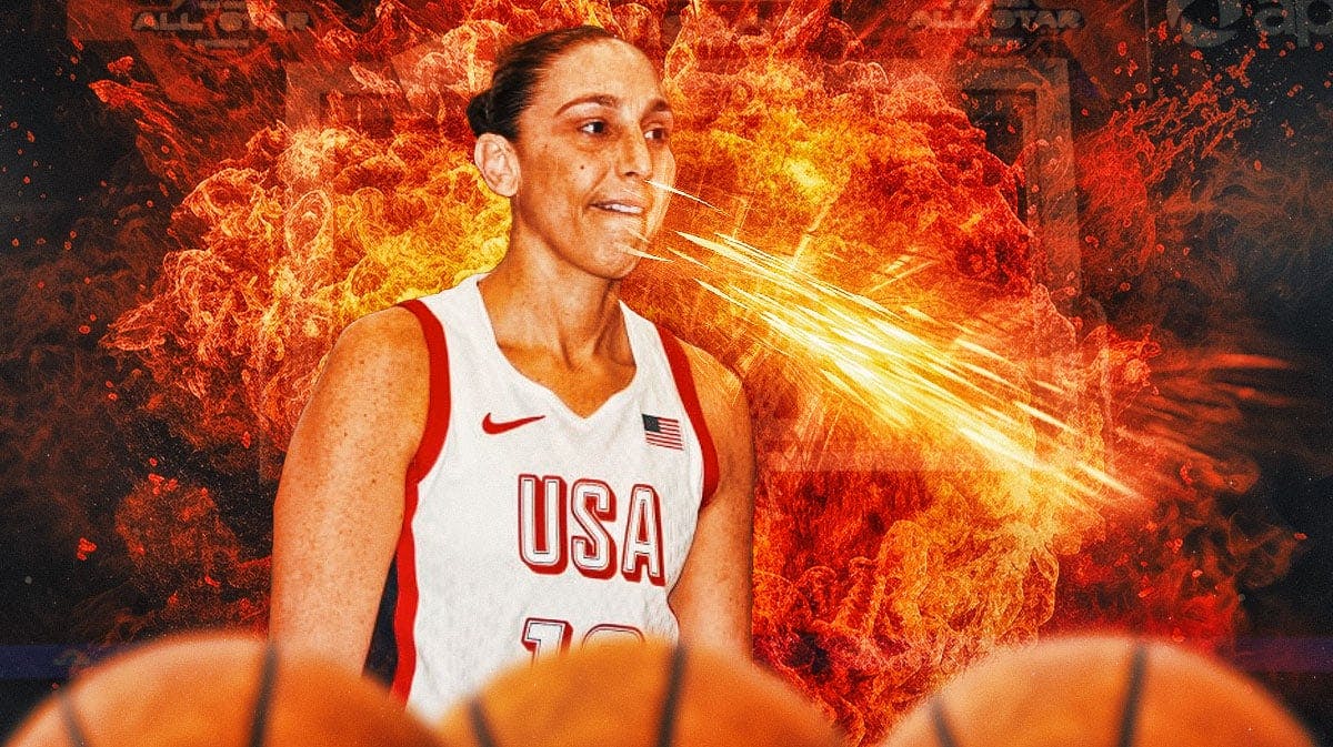 Team USA women's basketball coach Diana Taurasi in her Team USA jersey, with a frustrated, angry or neutral expression, with fire coming out of her mouth and flames around her.