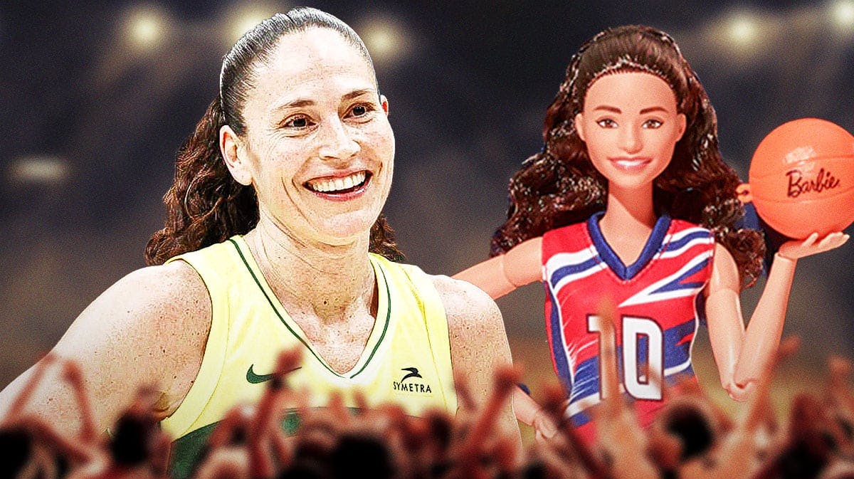 Former WNBA player Sue Bird in her Seattle Storm uniform, with a cut-out of the Sue Bird Barbie