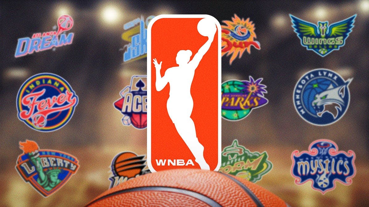 The WNBA logo on the center of a basketball court, with the different logos of the 12 WNBA teams surrounding the WNBA logo.