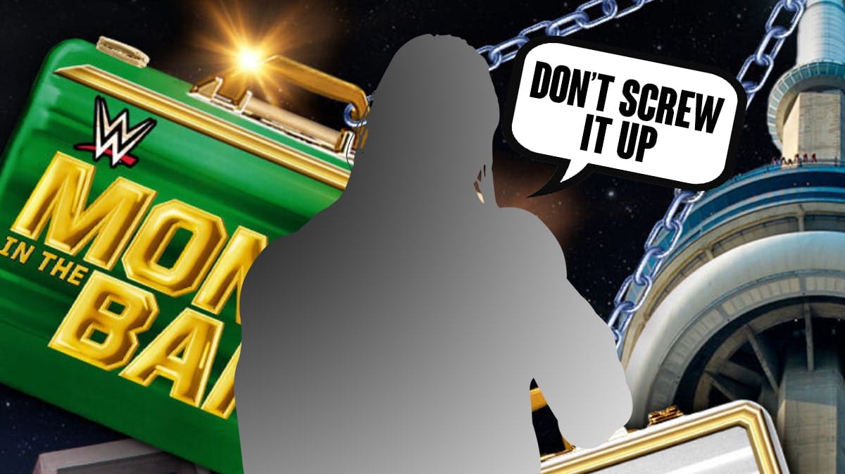 The blacked-out silhouette of Booker T with a text bubble reading "Don't screw it up" in front of the 2024 Money in the Bank logo.