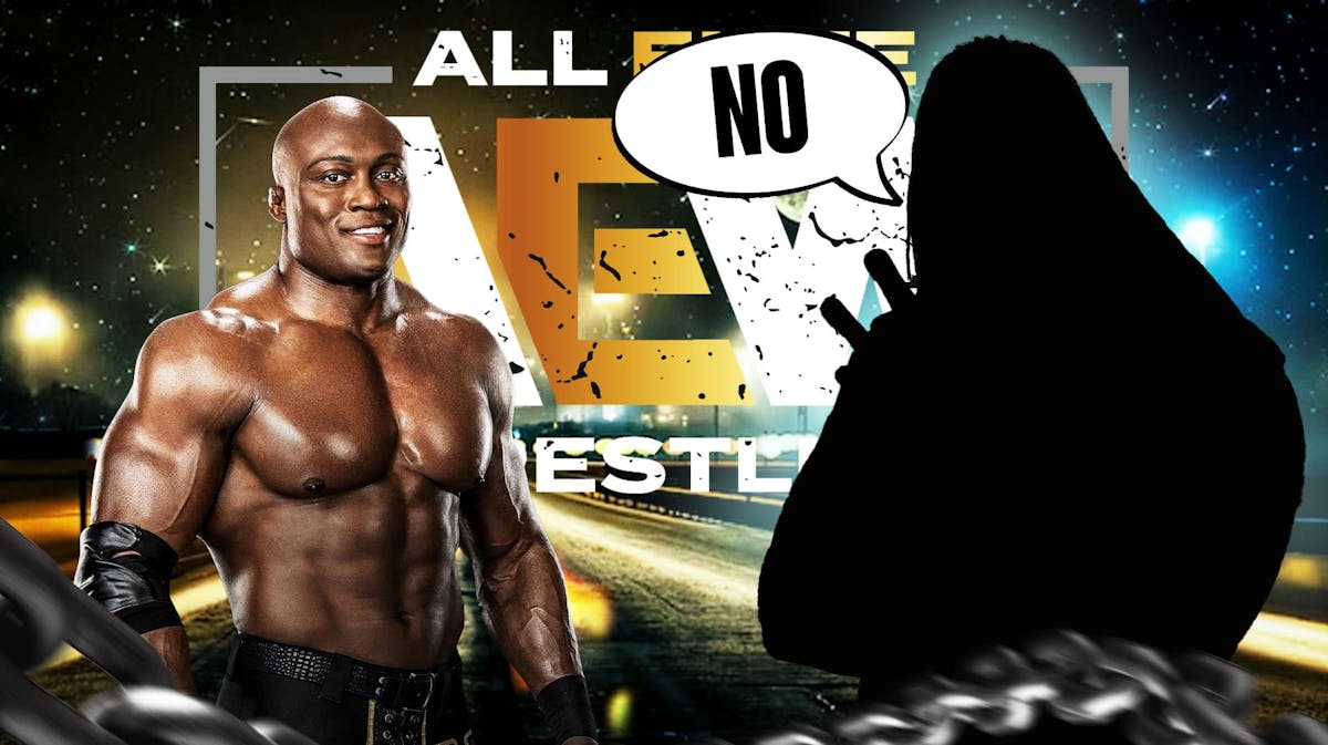 The blacked-out silhouette of Booker T with a text bubble reading "No" next Bobby Lashley with the AEW logo as the background.
