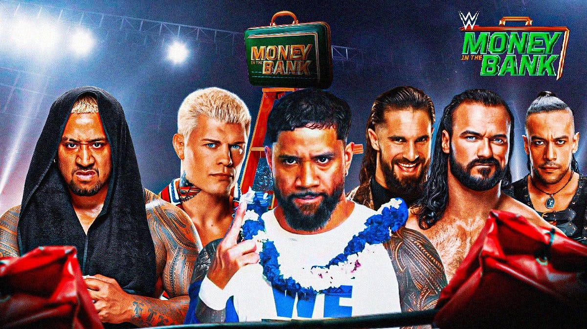 WWE Money in the Bank logo and background with Solo Sikoa, Cody Rhodes, Jey Uso, Seth "Freakin" Rollins, Drew McIntyre, and Damian Priest.