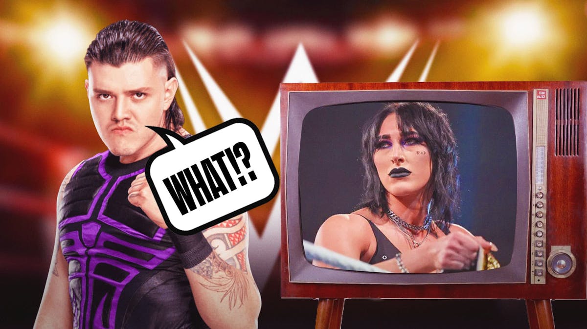 Dominik Mysterio with a text bubble reading "What!?" next to a television with Rhea Ripley on it with the WWE logo as the background.