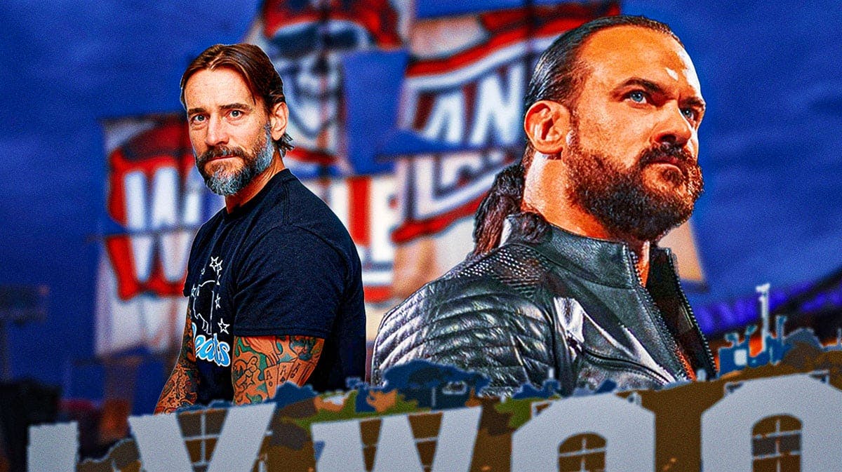 WWE stars CM Punk and Drew McIntyre with Hollywood sign and WrestleMania 37 background.