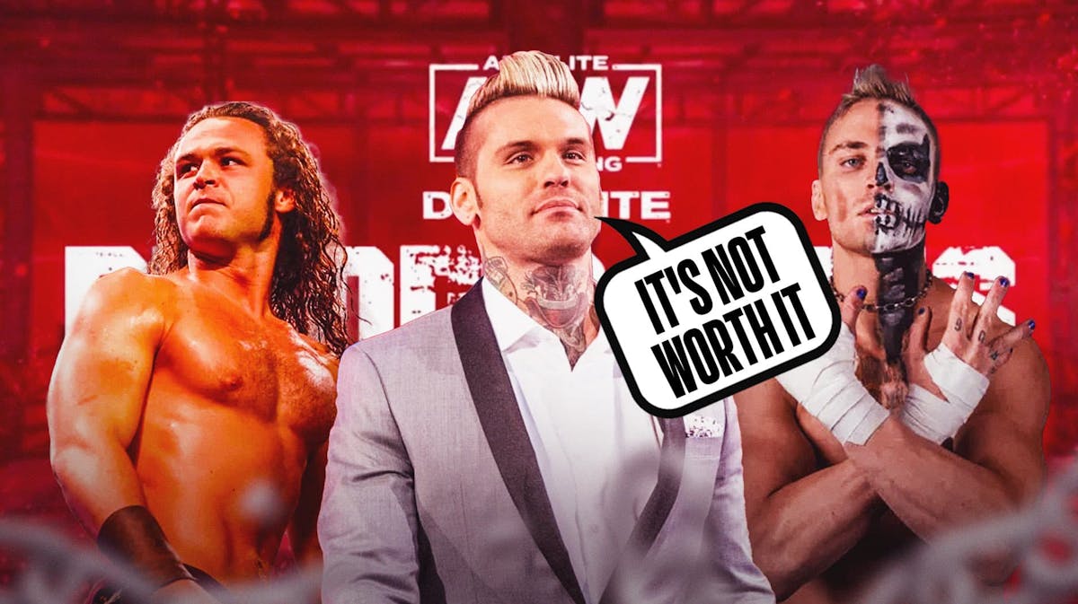 Corey Graves with a text bubble reading "It's not worth it" next to Darby Allin and Jack Perry with the AEW Blood & Guts logo as the background.