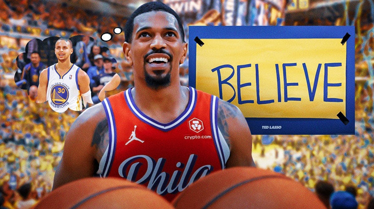De'Anthony Melton smiling, with a thought bubble on Melton containing image of 2013 Stephen Curry, with Ted Lasso's BELIEVE banner on the side