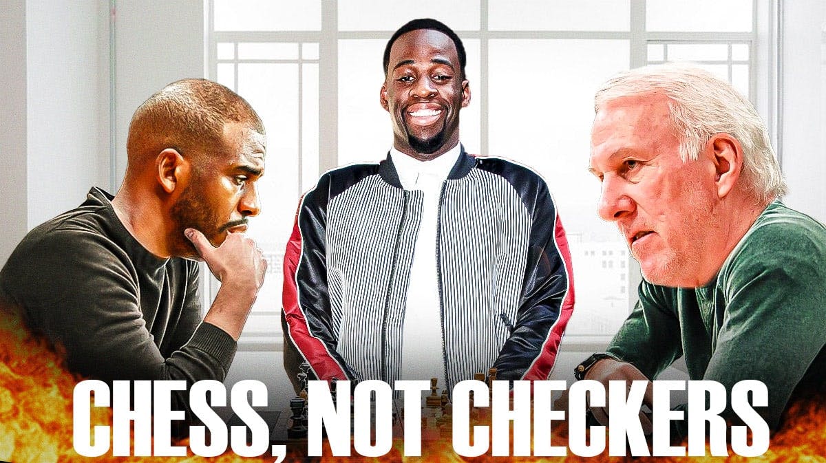 Spurs' Chris Paul and Gregg Popovich playing chess, with Warriors' Draymond Green smiling on the side, caption below: CHESS, NOT CHECKERS