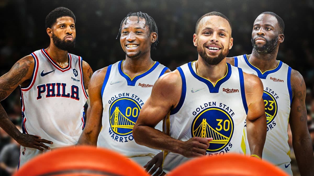 Warriors' Stephen Curry and Draymond Green looking at Jonathan Kuminga and Paul George (76ers uni)