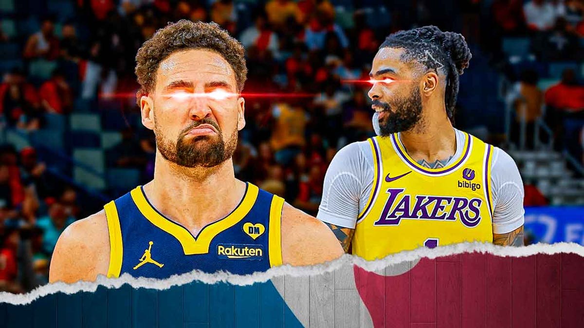 Klay Thompson and D’Angelo Russel next to each other with laser eyes