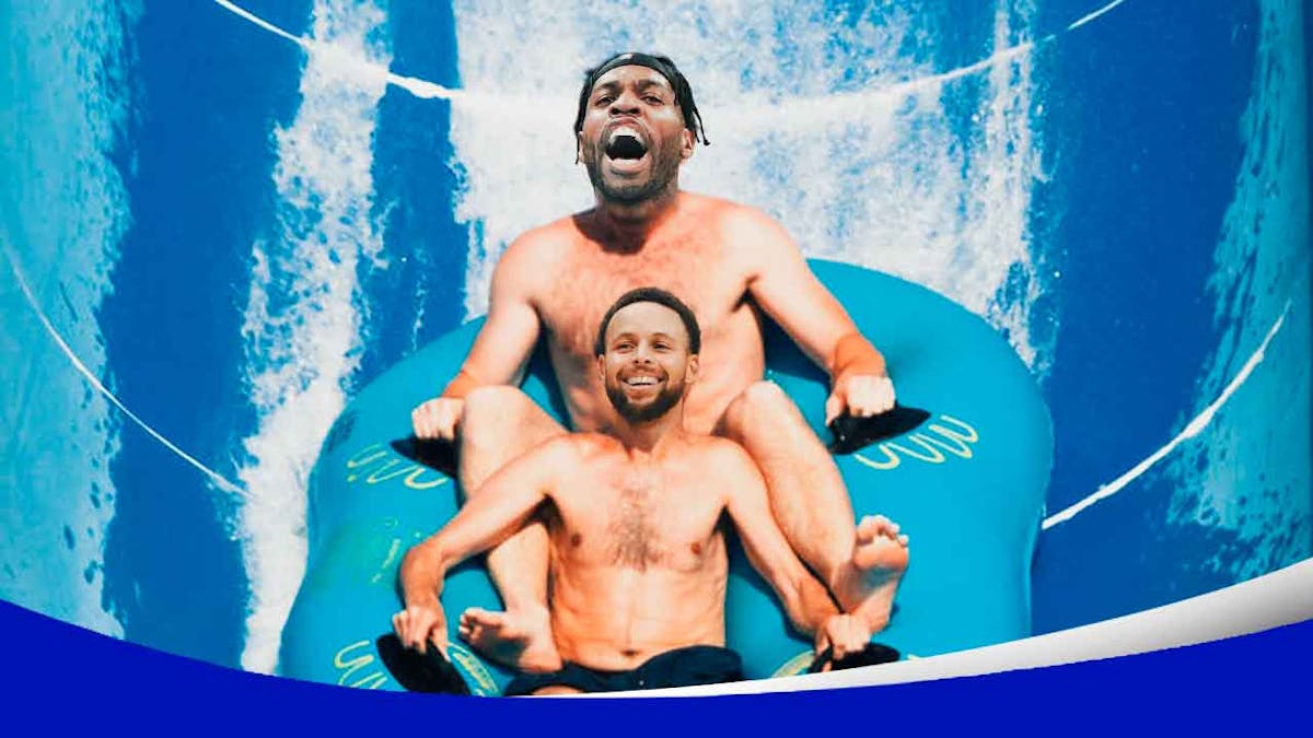 Warriors’ Stephen Curry and Buddy Hield on a giant slide in a waterpark