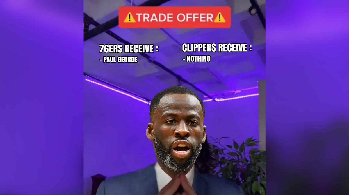 Draymond Green in the trade offer meme, with caption on the left "76ers receive: Paul George" caption on the right "Clippers receive: NOTHING"