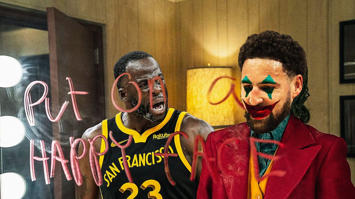 Mavericks' Klay Thompson as the Joker in the put on a happy face meme, with Warriors' Draymond Green looking
