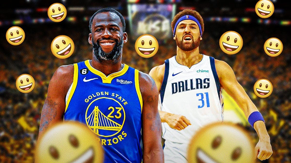 Draymond Green on one side, Klay Thompson in a Dallas Mavericks uniform on the other side, a bunch of happy emojis in the background