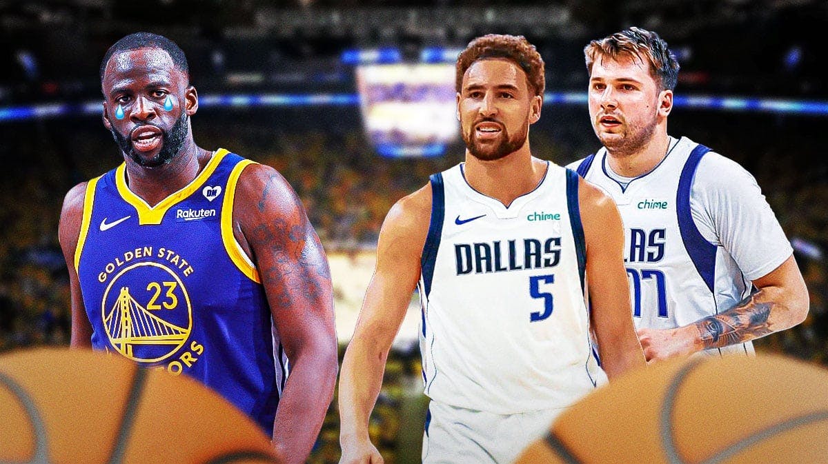 Draymond Green on one side with a tear in his eye, Luka Doncic and Klay Thompson (in a Dallas Mavericks uniform) on the other side