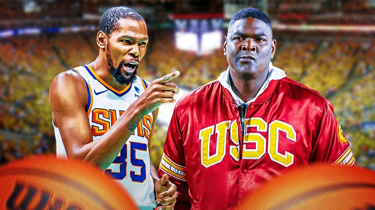 Keyshawn Johnson and Kevin Durant angry at each other with a Warriors colored background.