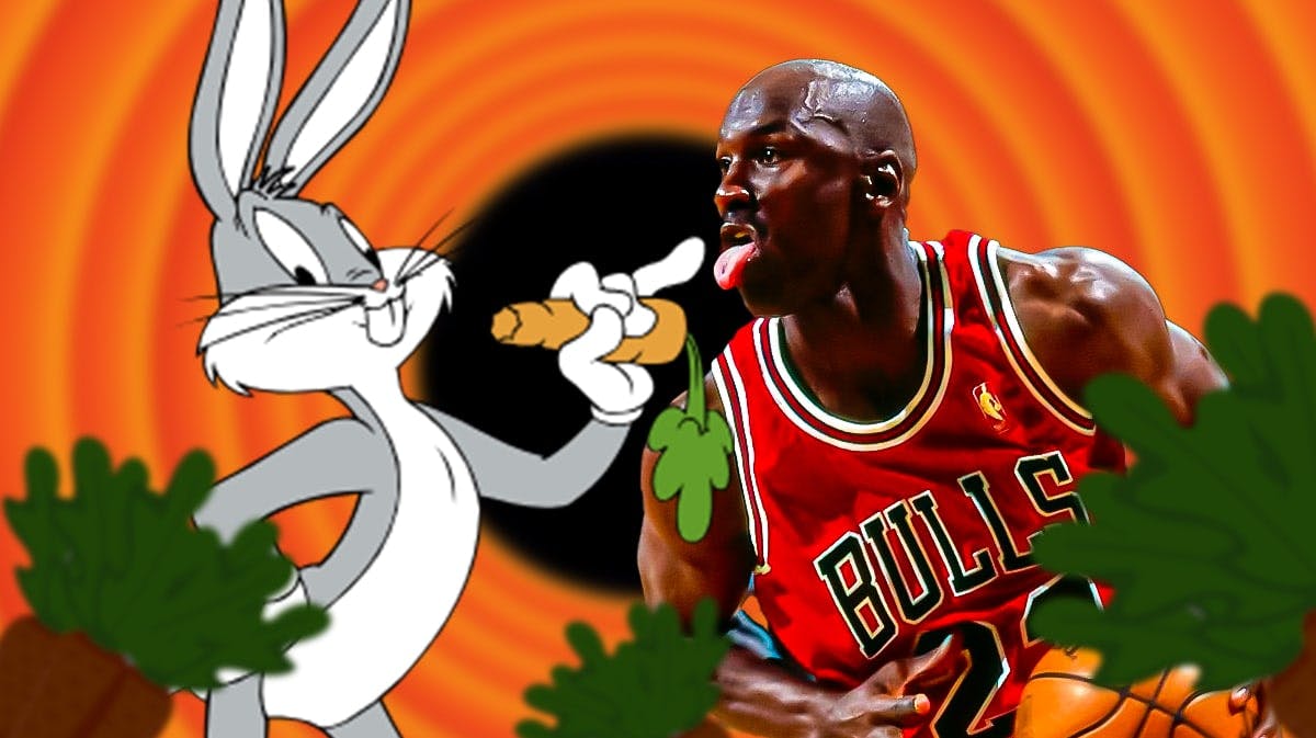Michael Jordan in his playing days with his classic tongue-sticking out move, with Bugs Bunny offering him a carrot up to his mouth