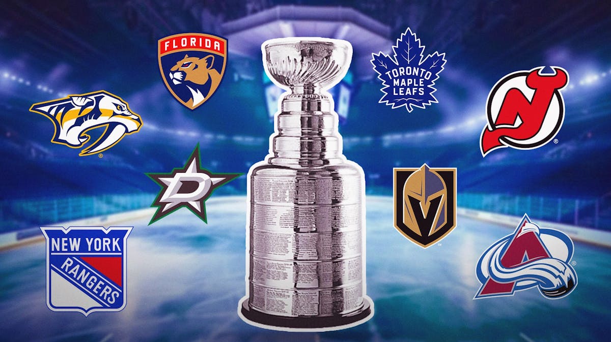 Stanley Cup with Florida Panthers, Nashville Predators, New York Rangers, Toronto Maple Leafs, New Jersey Devils, Vegas Golden Knights, Dallas Stars, Colorado Avalanche logos floating around it