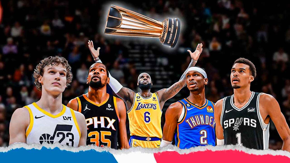 Lakers' LeBron James, Thunder's Shai Gilgeous-Alexander, Spurs' Victor Wembanyama, Jazz's Lauri Markkanen, and Suns' Kevin Durant reaching for the NBA Cup trophy