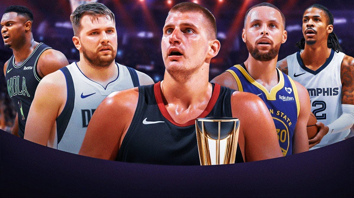 New Orleans Pelicans player Zion Williamson, Dallas Mavericks player Luka Doncic, Denver Nuggets player NIkola Jokic, GOlden State Warriors player Stephen Curry, and Memphis Grizzlies player Ja Morant