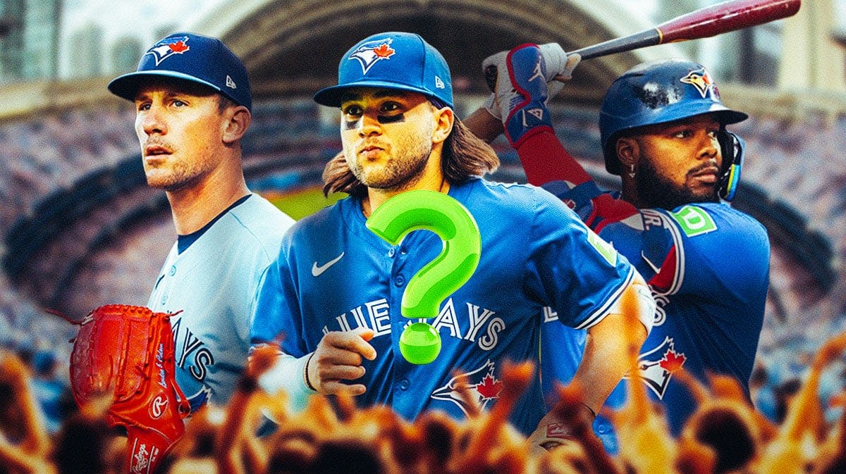 Vladimir Guerrero Jr hitting, Bo Bichette fielding and Chris Bassitt pitching - all wearing Toronto Blue Jays uniforms with a green question mark center indicating uncertainty at the trade deadline.