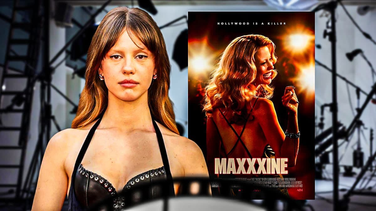 Mia Goth with MaXXXine poster and movie set background.