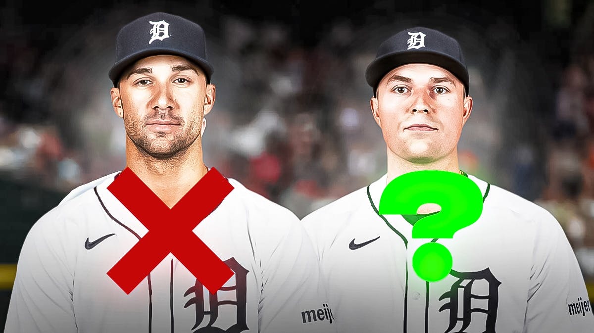 Jack Flaherty wearing a Detroit Tigers uniform with a big red X through him and Tarik Skubal wearing a Detroit Tigers uniform with a green question mark over him as Flaherty should be traded but Skubal should probably be held