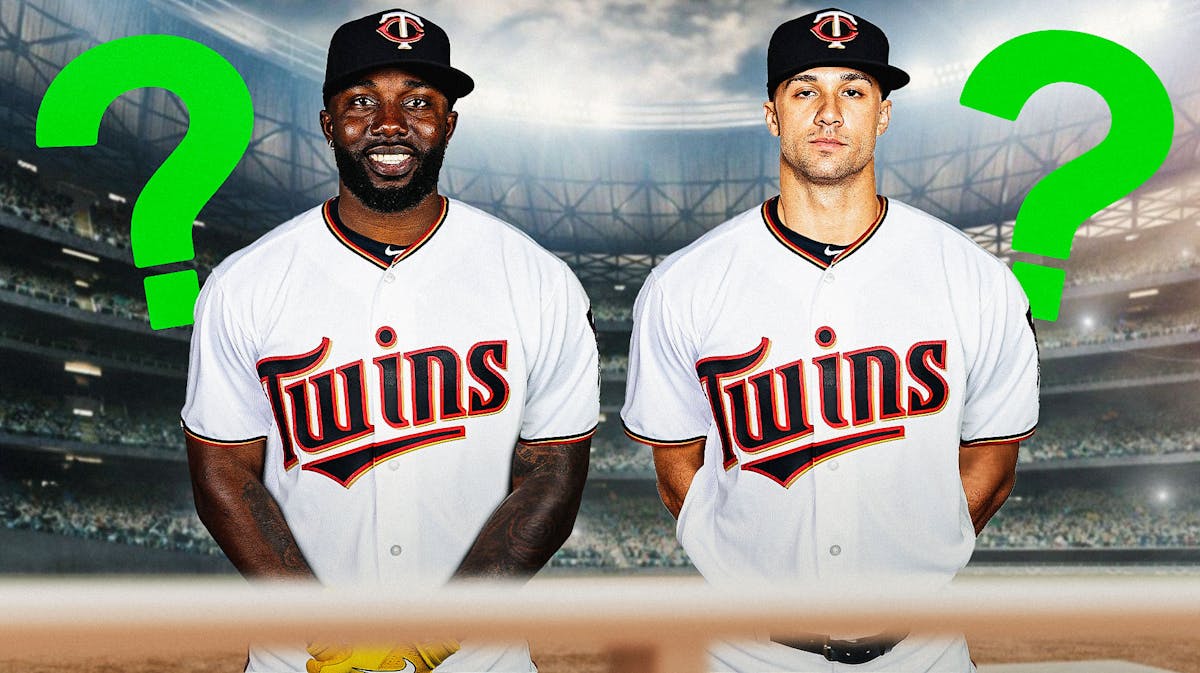 Randy Arozarena and Jack Flaherty in Minnesota Twins uniforms all with big green question marks over them as they might go to the Twins at the trade deadline.