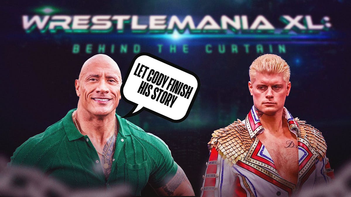 The Rock with a text bubble reading "Let Cody finish his story" next to Cody Rhodes with the "WrestleMania XL: Behind The Curtain" logo as the background.