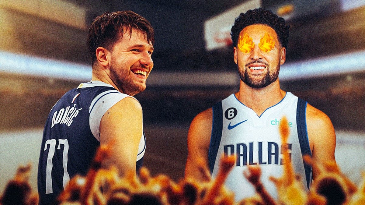 Klay Thompson with fire on his eyes in a Mavericks uniform. Luka Doncic