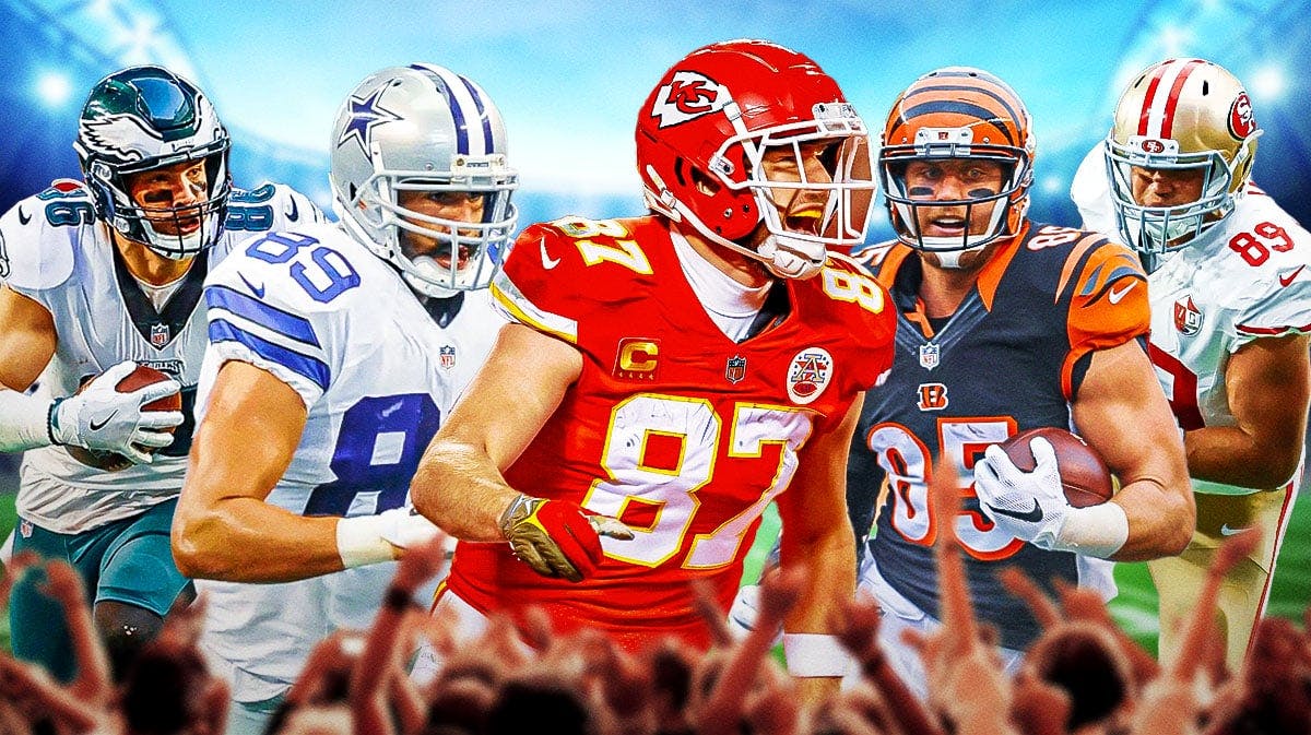 Chief's Travis Kelce large, in the middle surrounded by TEs from 2013 NFL Draft Zach Ertz (Eagles), Tyler Eifert (Bengals), Gavin Escobar (Cowboys), and Vance McDonald (49ers) all in action with helmets on
