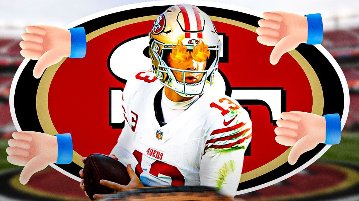 San Francisco 49ers QB Brock Purdy with fire emojis over his eyes. He is surrounded by thumbs down emojis. There is also a logo for the San Francisco 49ers.