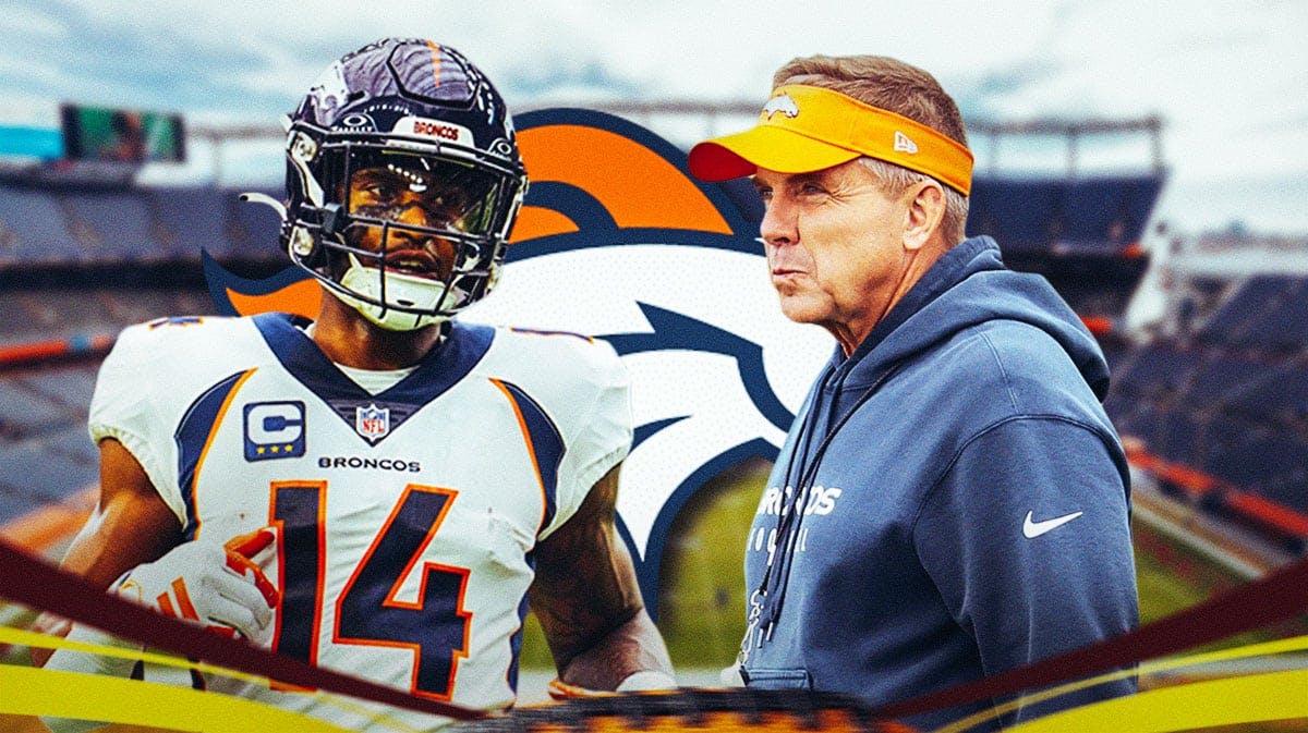 Denver Broncos wide receiver Courtland Sutton with Broncos head coach Sean Payton. There is also a logo for the Denver Broncos.