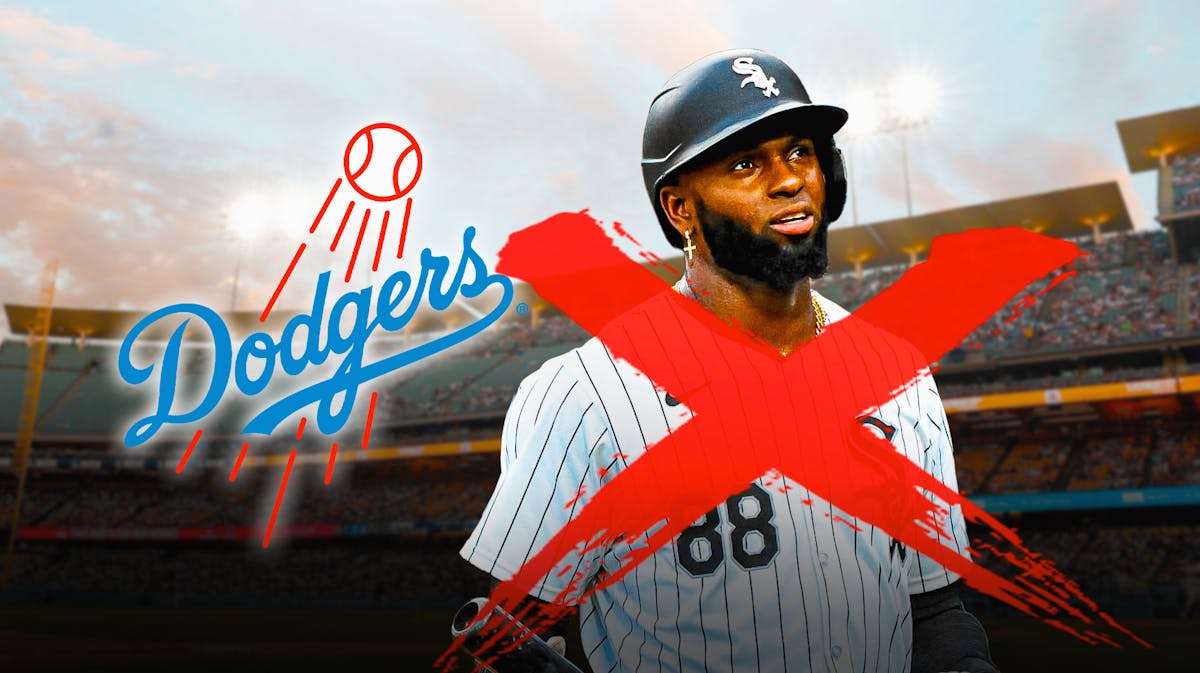 Dodgers logo with White Sox's Luis Robert Jr. x'ed out for MLB trade deadline.