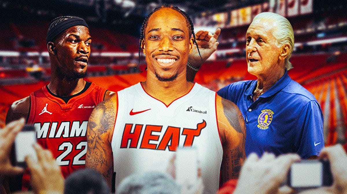 Miami Heat star Jimmy Butler, Pat Riley, and DeMar DeRozan in front of Kaseya Center.