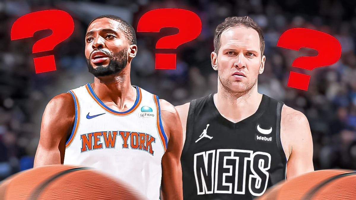 Mikal Bridges in a Knicks jersey, Bojan Bogdanović in a Nets jersey and question marks all around.