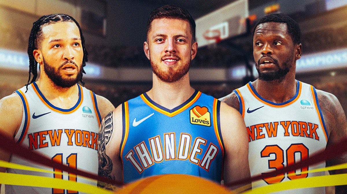 Isaiah Hartenstein in Thunder jersey with Jalen Brunson and Julius Randle looking in his direction