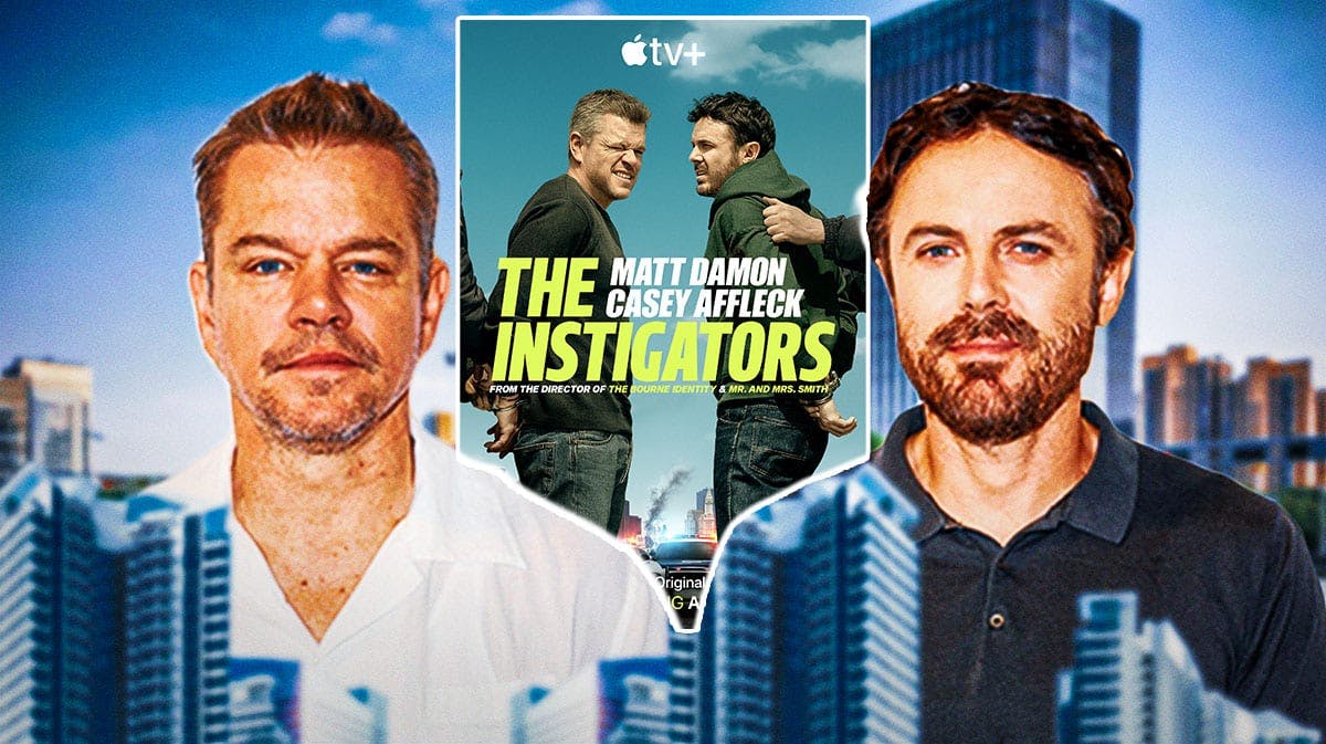 Matt Damon and Casey Affleck with The Instigators (Apple TV+ movie) poster between them and Boston background.