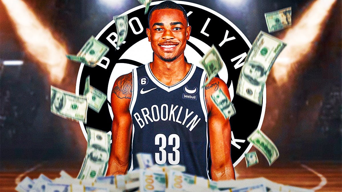Nic Claxton in image looking happy with money around him, Brooklyn Nets logo, basketball court in background
