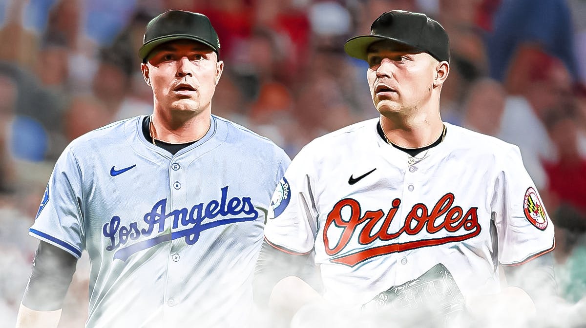 Tarik Skubal pitching on the left in a Los Angeles Dodgers uniform and Tarik Skubal pitching on the right in a Baltimore Orioles uniform as the two teams try to trade for the pitcher at the MLB trade deadline.