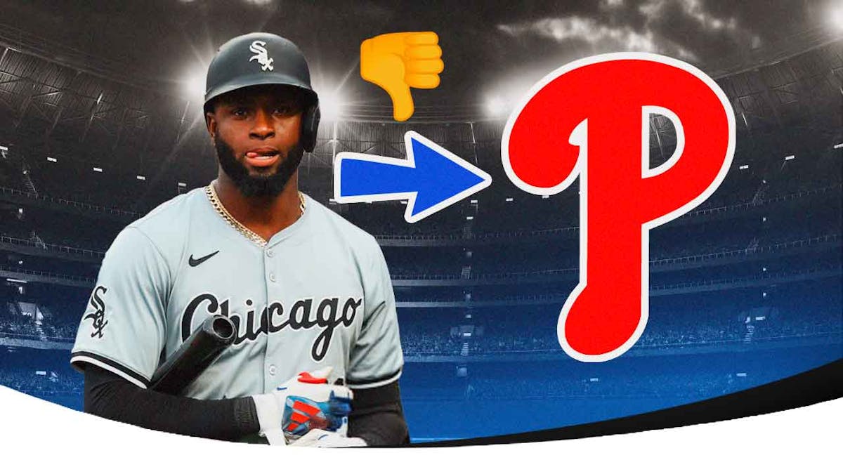 Luis Robert Jr. next to Phillies logo