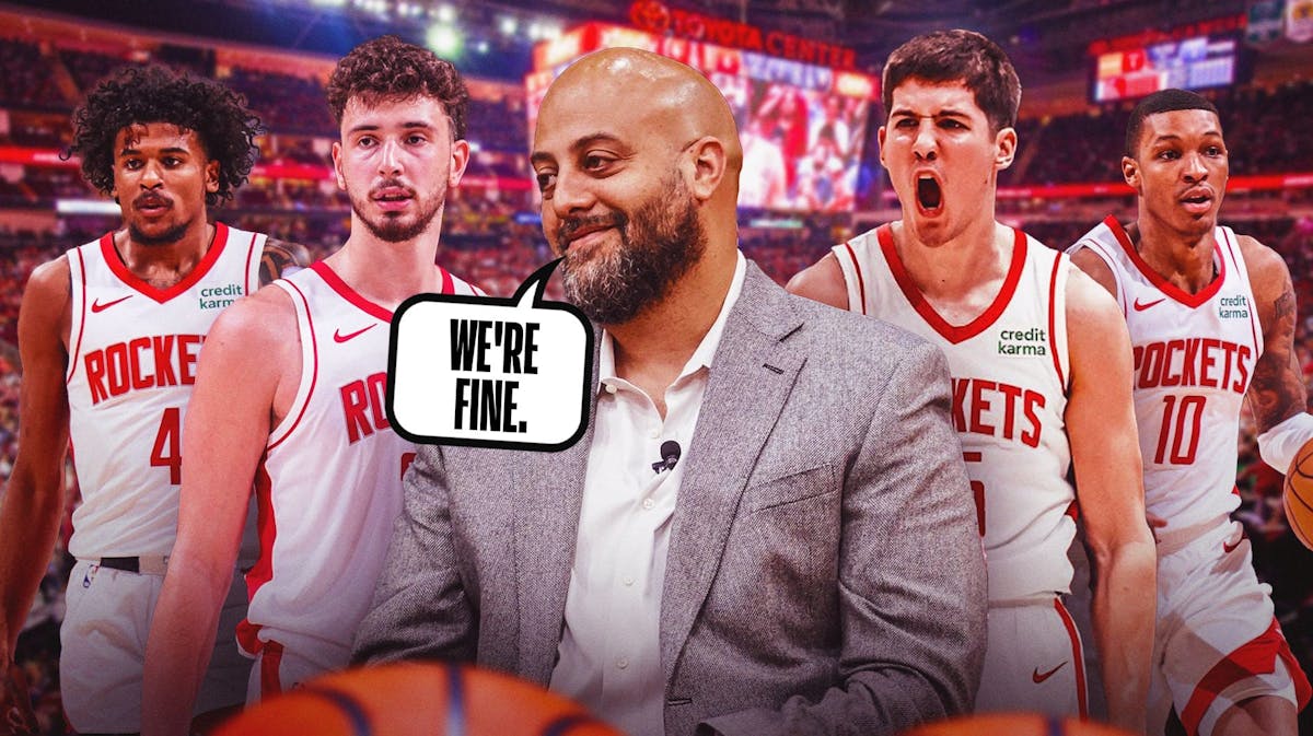 IMAGE: Rafael Stone smirking, adding a chat bubble over his head saying "We're fine." Rockets background. place him in the middle. behind him are Rockets Reed Sheppard, Jalen Green, Alperen Sengun, and Jabari Smith Jr.